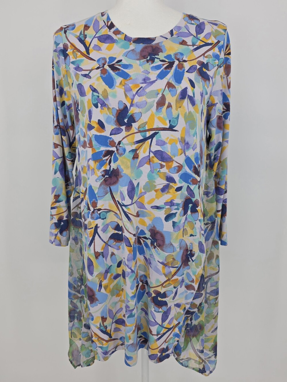LOGO Lori Goldstein Floral Swing Dress Small Blue Yellow Pockets 3/4 Sleeve Soft